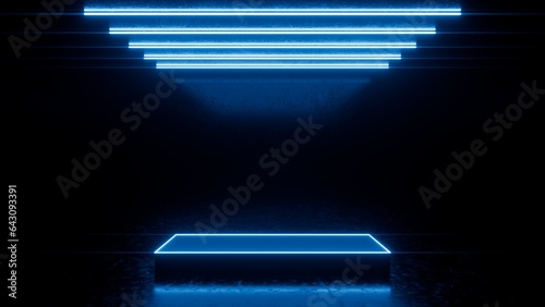Neon glowing podium in a dark room with neon glow ice lamps, product demonstration - 3D Illustration