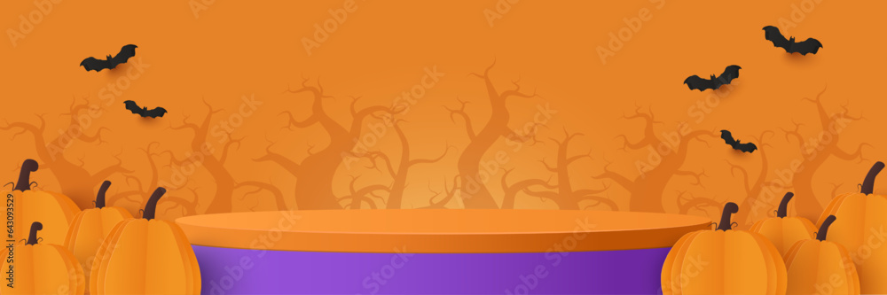 Halloween background. Podium platform to show product with pumpkins on orange background. Podium for product display presentation for you. Halloween banner Halloween background. Podium platform to show product with pumpkins on orange background. Podium for product display presentation for you. Halloween banner