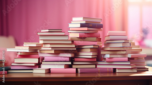 Many books on a wooden table and a pastel pink background. back to school. Education.