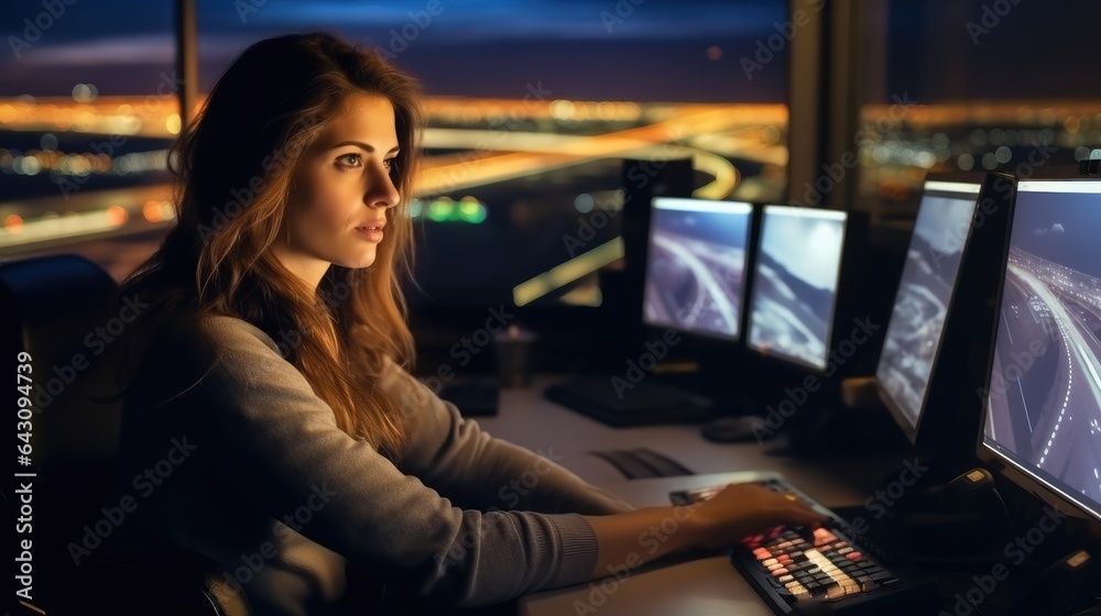 Woman working as air traffic controller at airport control tower. Woman working as air traffic controller at airport control tower.