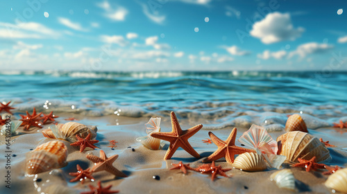 Sea sand beach mockup with seashells, starfish at seaside with sea waves background, Tropical summer vacation beach background, Travel holiday background.