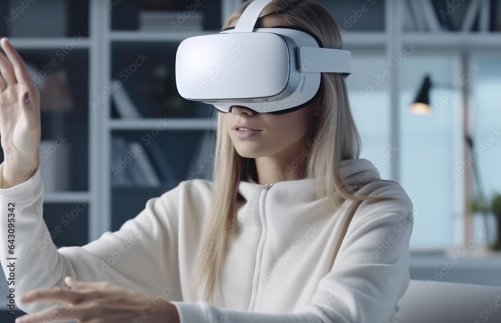 Young woman sitting at desk and wearing a VR headset, Experiencing virtual reality, Interacting with virtual reality. Young woman sitting at desk and wearing a VR headset, Experiencing virtual reality, Interacting with virtual reality.