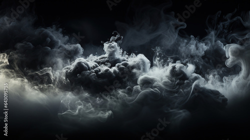 Smoke clouds, steam mist fog and white foggy vapor. 3D realistic smoke from dust particles isolated on black background.