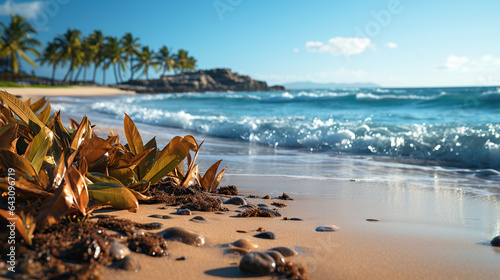 Tropical sea beach mockup template and palm leaf on seaside background for SPF cream protection, Summer Hawaii island beach sand and ocean waves of exotic paradise.