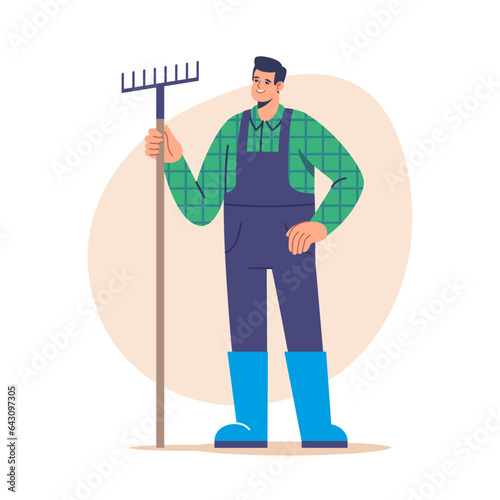 Farming and agriculture, harvesting. Male farmer in uniform holds rake in hand. Agriculture farm worker. Vector illustration for mobile and web graphics.