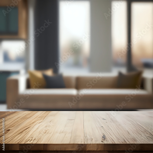 empty room with wooden table, blurred background, Ai generated 