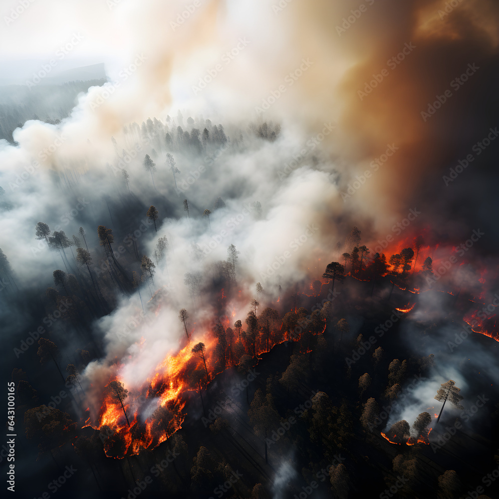 Aerial view of a forest fire spreading. A concept of natural disasters, climate change, and global warming prevention. 