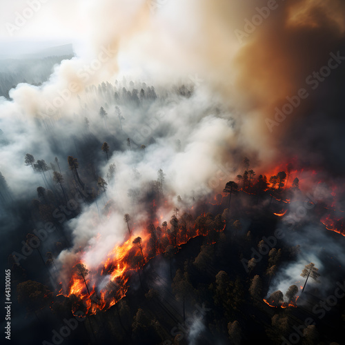 Aerial view of a forest fire spreading. A concept of natural disasters, climate change, and global warming prevention.  © PixelHD