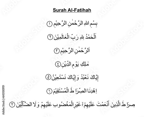 Al Fatiha or Al Fatihah, opening or opener, is the first surah of the Quran, 7 verses which are a prayer for guidance and mercy, recited in Muslim obligatory and voluntary prayers in the Sholat. photo