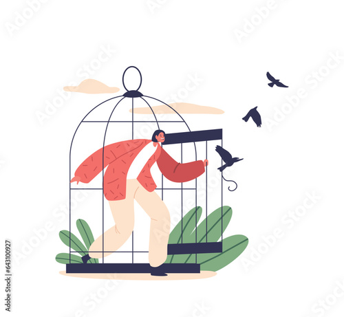 Female Character Leaving A Cell With Swallows. Liberated Woman Breaking Free From The Confines Of A Cage