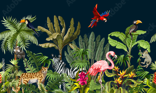Seamless border with jungle animals, flowers and trees.