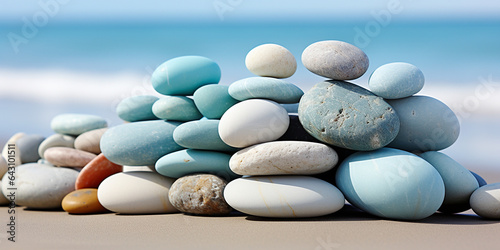 T  rkise und Wei  e Wellness Steine am Sand mit Meeresblick dekoriert im Querformat f  r Banner  ai generativ