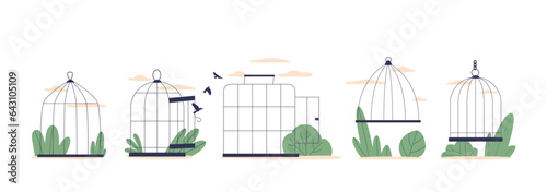 Cages, Enclosed Structure For Birds, With Bars For Perching And Feeding. Provides Shelter And A Safe Environment