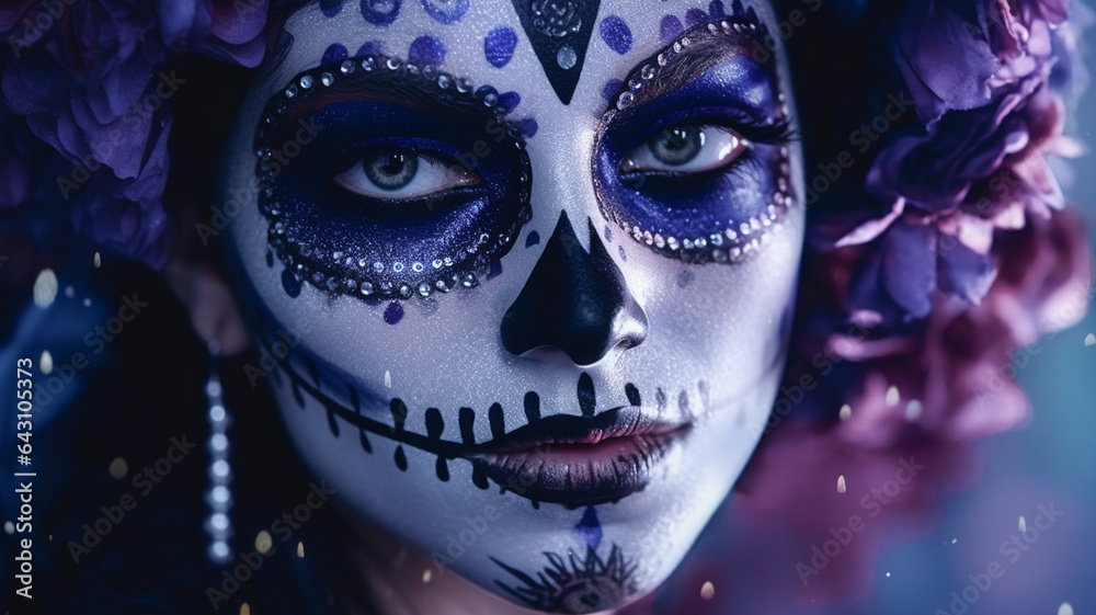 Photojournalistic style portrait of a beautiful young woman dressed as La Catrina in New Orleans Mardi Gras festival.