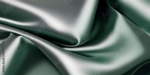 Abstract grey silver silk satin. Soft, wavy folds. Shiny fabric surface. Luxurious emerald green background with copy space for design.