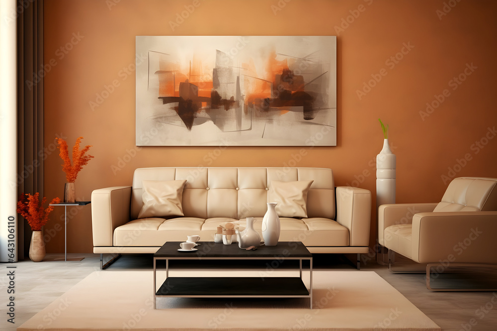 Fototapeta premium modern Living Room Warm Beige Background with Leather Sofa and Stylish Decor