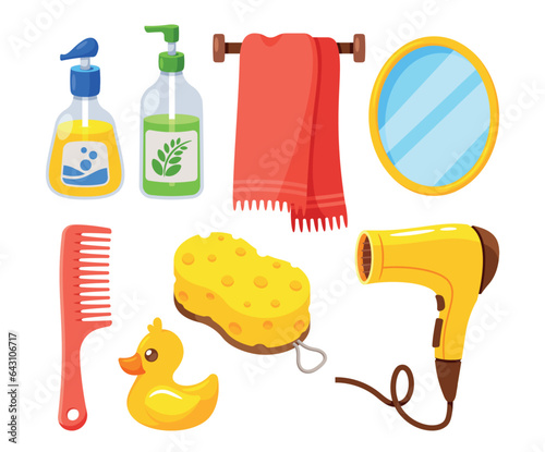 Hygiene Items Set Includes Essentials For Personal Cleanliness, Like Soap, Shampoo, And A Towel. Fan, Rubber Duck Toy