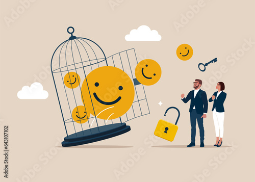 Positive emoticons with key free himself from cage. 