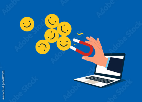 Using laptop to collect  funny and positive emoticons. Good review with laptop, positive reviews, good reputation, high ratings.