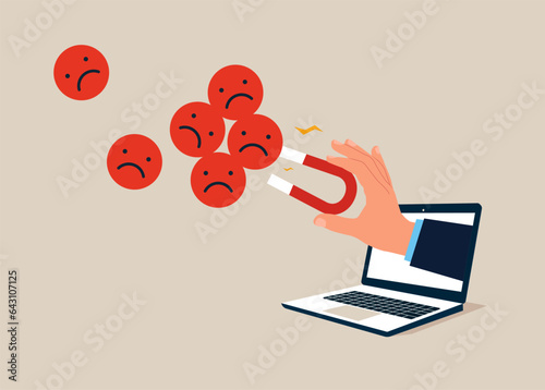 Bad review with laptop, negative reviews, bad reputation, low ratings. Flat vector illustration