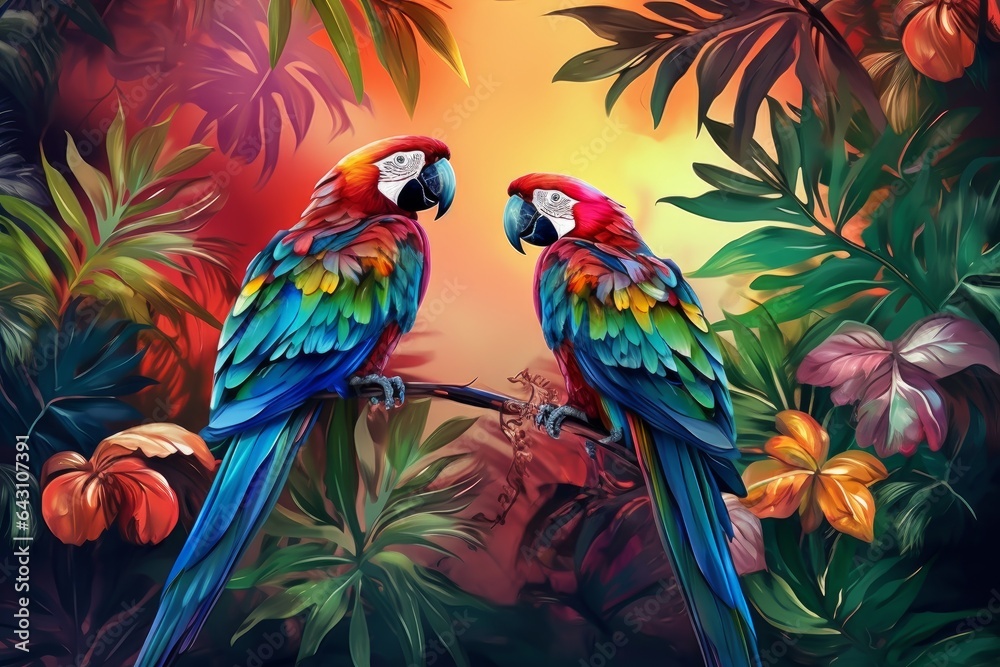 Macaw parrots on the branches of tropical plants in the jungle .