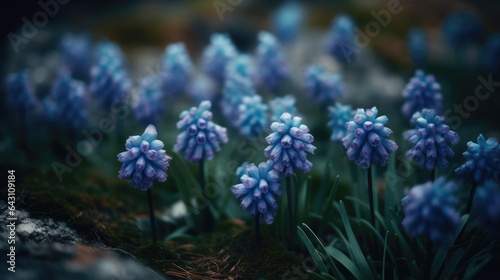 Blue scylla flowers in the early spring with slightly unfocused background.