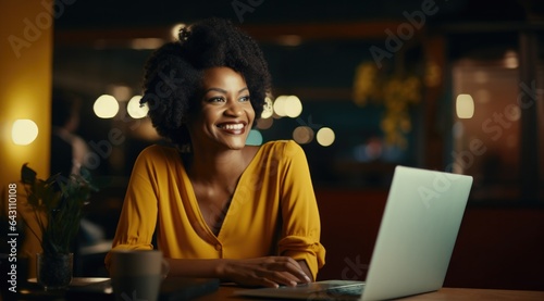 Bible Study. Smiling african american woman working with laptop in cafe at night