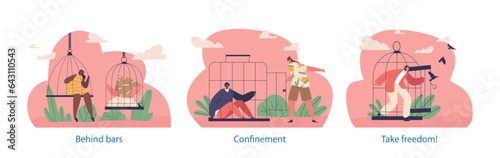 Isolated Elements With People Seated Within Secure Cages Prepare For An Adrenaline-filled Escape Act Vector Illustration