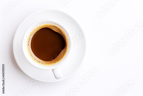 White coffee cup on the white background. Top view. Close up. Banner for design. Copy space. AI generated