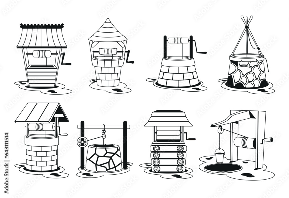 Water Wells Isolated Monochrome Icons Or Pictograms Set. Underground Structures Dug Or Drilled To Access Groundwater
