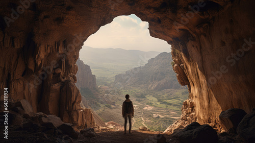 Portrait of traveler from back view with in the cave