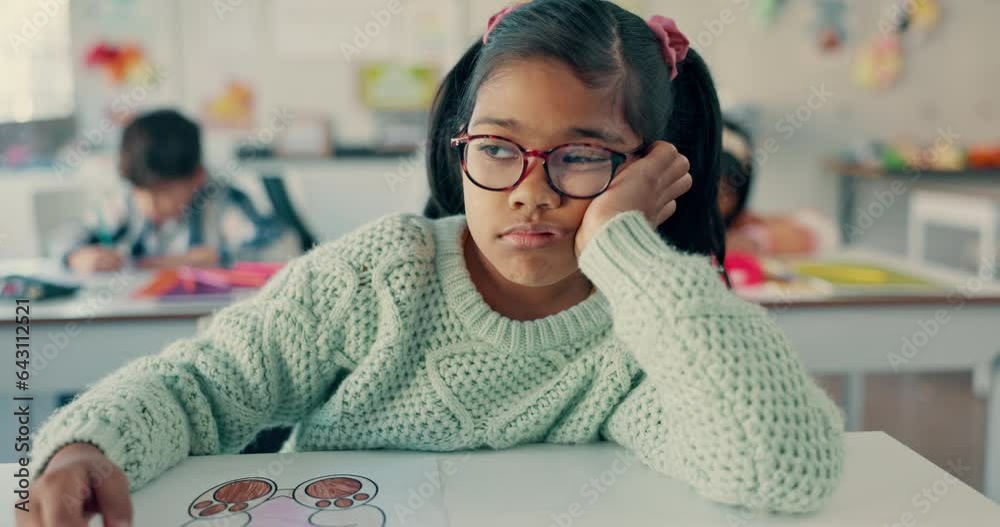 Bored, child and tired of learning, education and fatigue from adhd, burnout and frustrated with work in kindergarten school. Exhausted, girl or thinking of studying or problem with mindset in class
