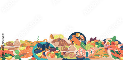 Seamless Pattern Featuring An Array Of Delicious Seafood Dishes Such As Lobsters, Crabs, Shrimp, And Fish