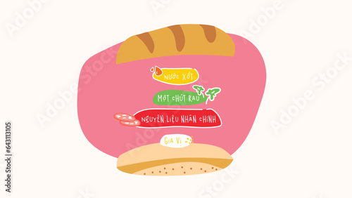 Vietnamese bread making process, baguette Vietnam,Hand drawn, Flat illustration