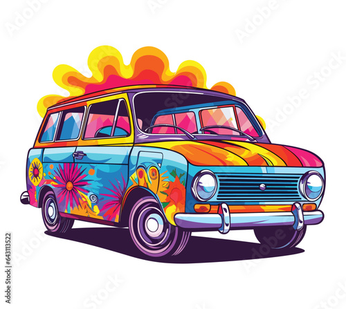 90s Retro Hippie Car Vector Illustration  