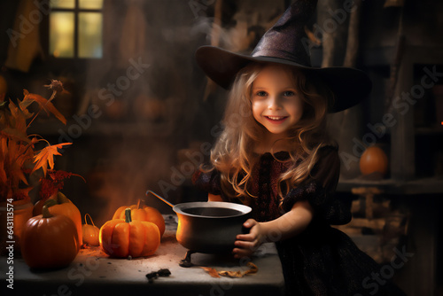 Cute little girl in witch costume with pumpkins. Halloween concept