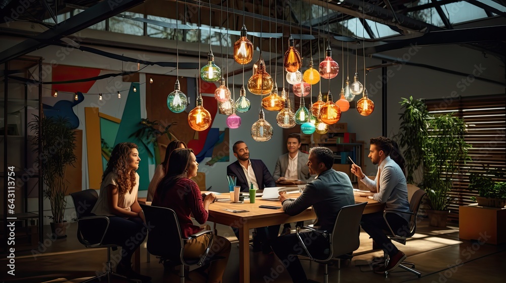 Business model in a brainstorming session, capturing creativity and innovation, set in a colorful collaborative space Business model in a brainstorming session, capturing creativity and innovation, set in a colorful collaborative space