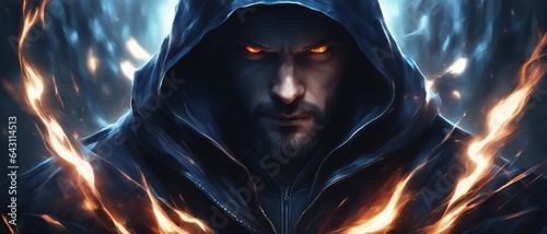 An evil man with a hood and light from his eyes stands in the dark, flashes of fire