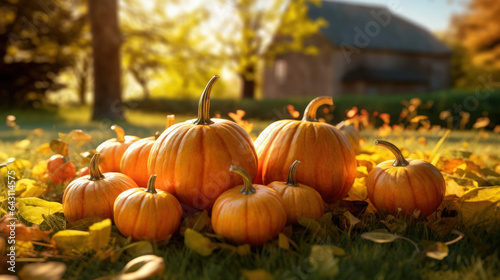 Pumpkins on a green lawn against the backdrop of sunlight