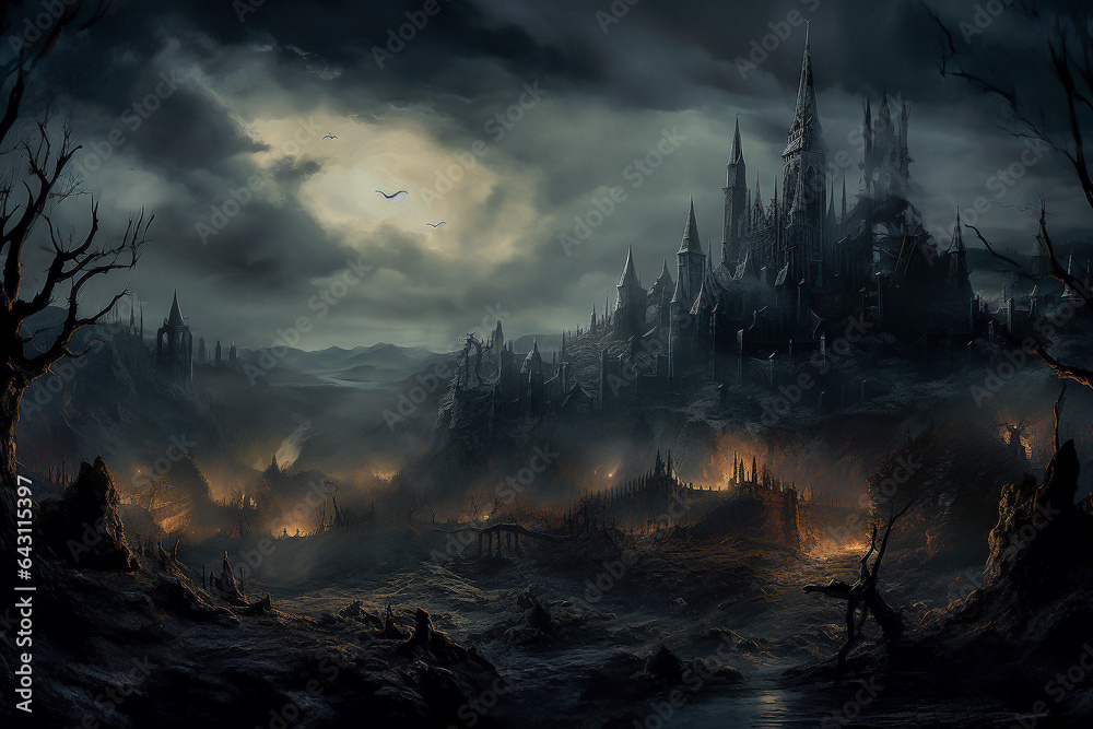 Imaginative moody gothic night landscape. Spooky feeling, rocks, castle, clouds and roots. Moonlight, glowing lights on the ground. Dark creepy fantasy wonderland illustration. AI generated.