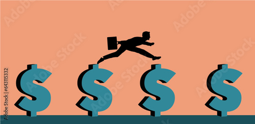 A businessman with his briefcase sprints from one dollar sign to another has he chases the money throughout his career in this 3-d illustration.