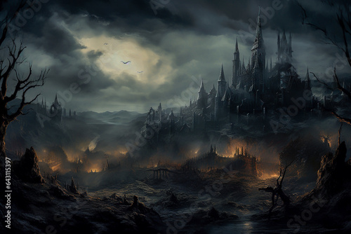 Imaginative moody gothic night landscape. Spooky feeling, rocks, castle, clouds and roots. Moonlight, glowing lights on the ground. Dark creepy fantasy wonderland illustration. AI generated. © Anna