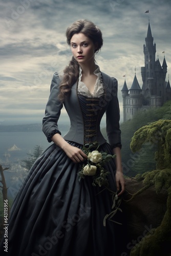 Victorian style clothes young woman on castle background photo