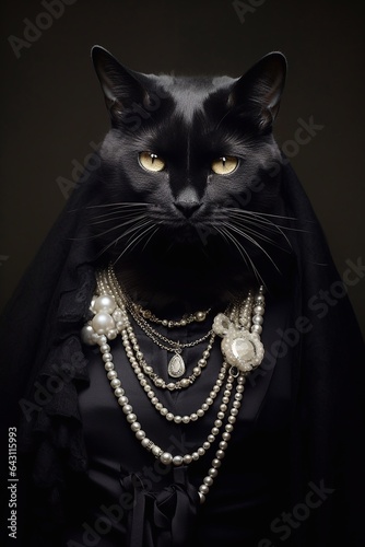 Cat posing a fashion model wearing exlusive dress