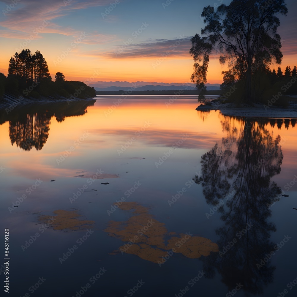 Capture the serenity and beauty of a peaceful lake at sunset with a long exposure technique, creating a dreamy, ethereal effect that invites viewers to embrace nature's peacefulness.