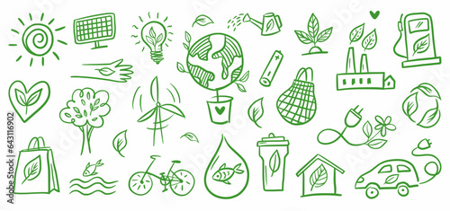 A collection of vector environmental symbols hand-drawn in the style of doodles