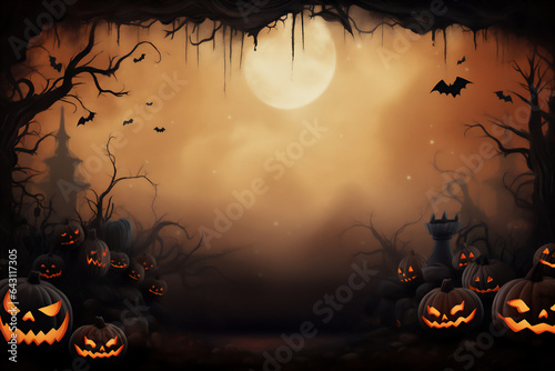 Halloween pumpkins in graveyard on the spooky Night. Halloween background concept.