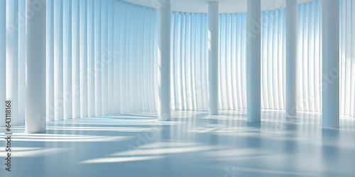 Schöner leerer Raum in türkis blau Farben mit Säulen und Lichtspiel im Querformat für Banner, ai generativ