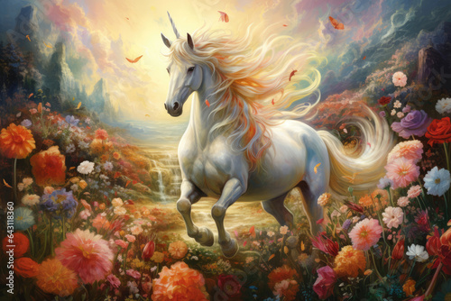 Magic unicorn in beautiful colored flowers. In the style of watercolor painting © Michael