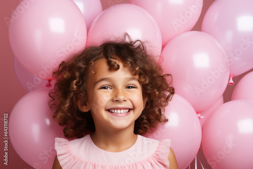 Little happy girl in pink balloons for her birthday